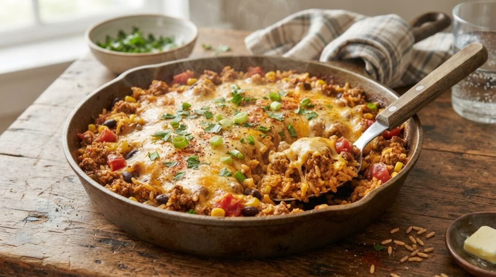 Easy Beef Dinner Recipe: One-Pan Cheesy Ground Beef & Rice